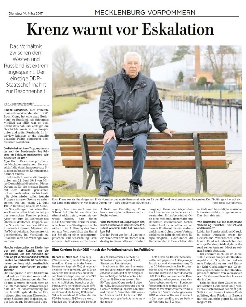 Egon Krenz warnt vor Eskalation der Lage gegenber Russland - Beitrag erschien am 14.03.2017 in der Ostsee-Zeitung 